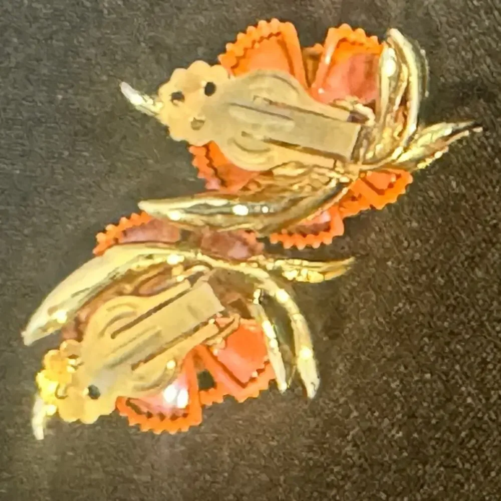 Vintage Pakula Orange Carnation Flower Brooch & Earrings set‎ 1960, MCM